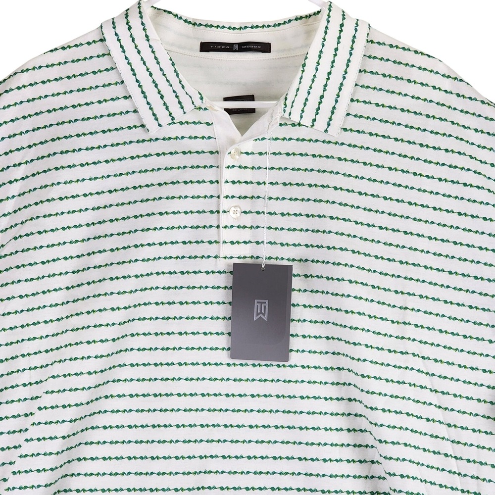 Tiger Woods Striped Polo Shirt Mens XXL White Green Golf Athletic TW‎ Logo